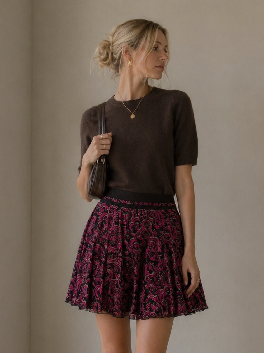 Etcetera | Silk Mini Skirt | Chocolate Pink Print | Size 2